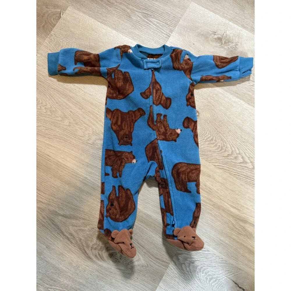 Carters 3 Month Fleece Footed Sleeper Blue Brown Bear Print Zip Up 3D Feet